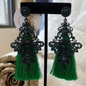 Green Fringe Tassel Earrings with Rhinestones